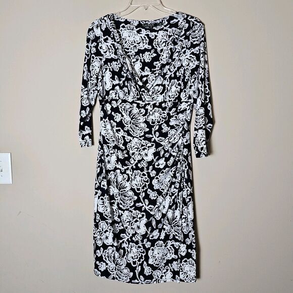 Lauren Ralph Lauren Size 10‎ Black & White Floral Long Sleeve Midi Wrap Dress - Picture 12 of 12